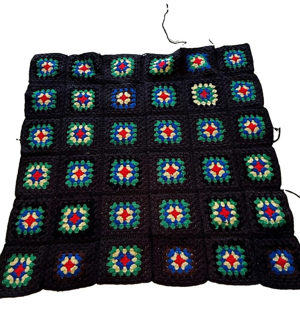 Handmade Crochet Granny Square Afghan Blanket Black Multicolor Vintage Lap Size